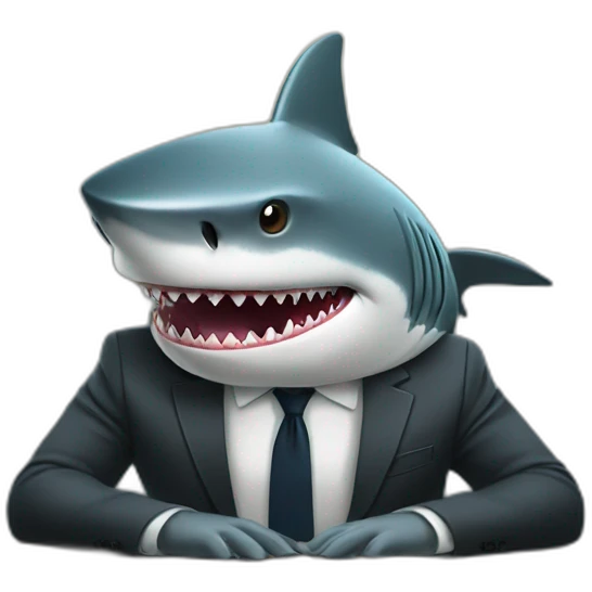 A shark sitting at a table wearing a suit looking straight ahead emoji