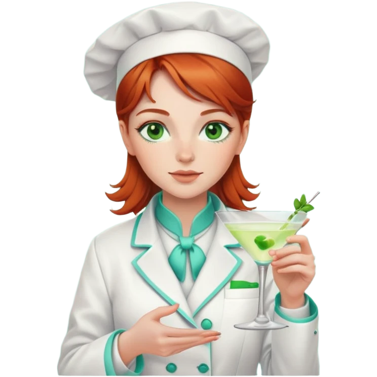 Redhead girl Chef with green eyes wearing a white coat with aqua trim drinking a martini emoji