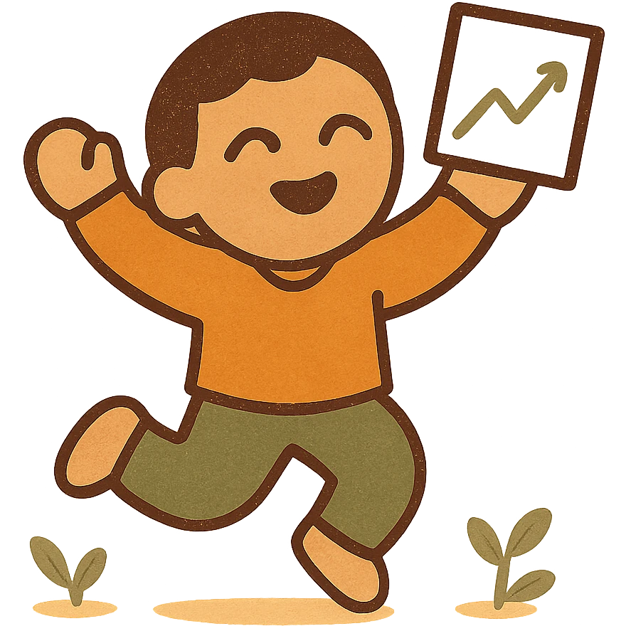 excited trader emoji jumping with joy, flat modern style, bright saturated colors with greens, golds, reds, minimal but expressive, universal look emoji