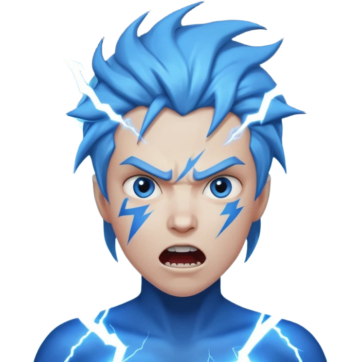 Rayos, centellas y estrellas en una cara color azul con expresiones de furia emoji
