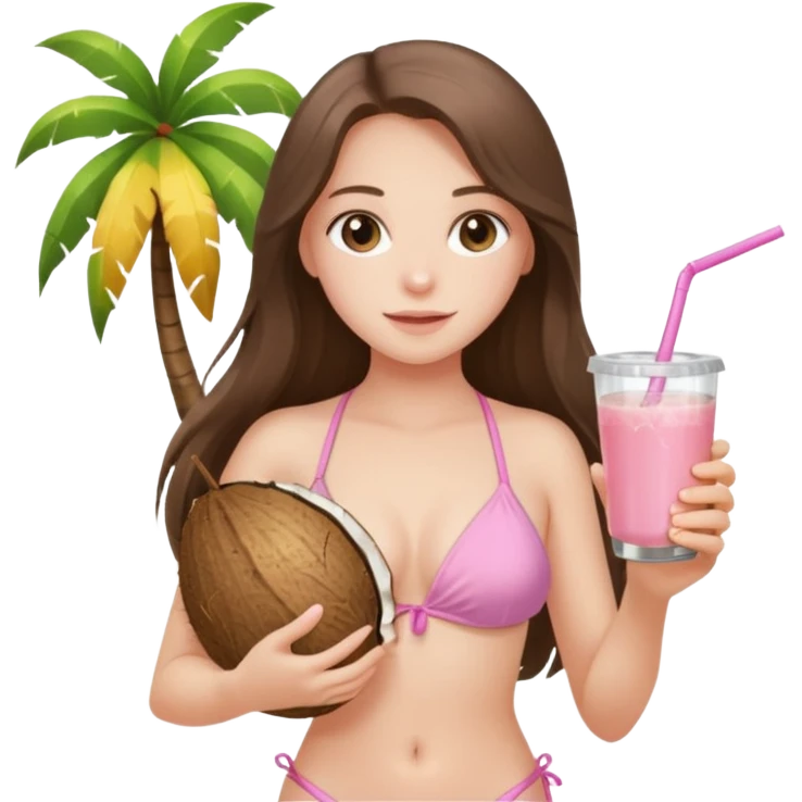 pretty white brunette teen long hair with hazel eyes and a small waist in light pink bikini holding a coconut drink emoji