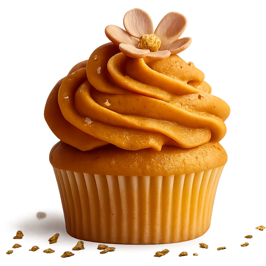 Change the icing to pumpkin color (orange, creamy and slightly glossy), keep the realistic cupcake and accessories, photorealistic style, transparent background. emoji