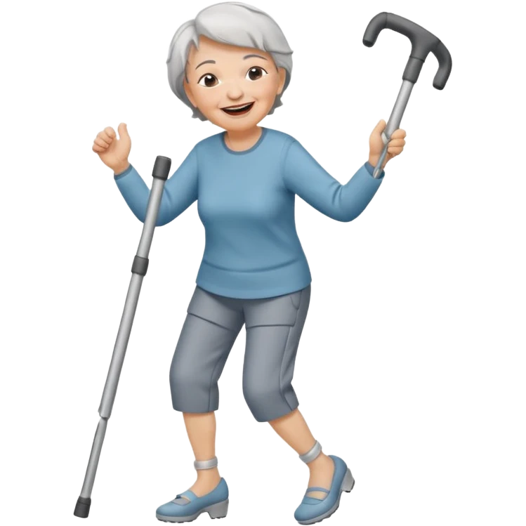 elderly woman with pants, short grey hair, laughing and dancing th crutches                    and with a sorry look emoji