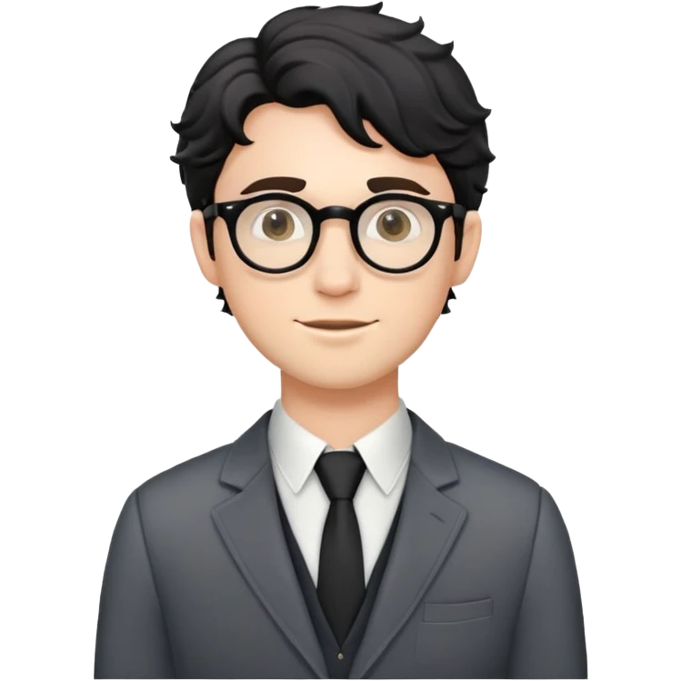 Young caucasian man with black wavy hair, round glasses, semi-formal theater outfit with blazer and collared shirt emoji
