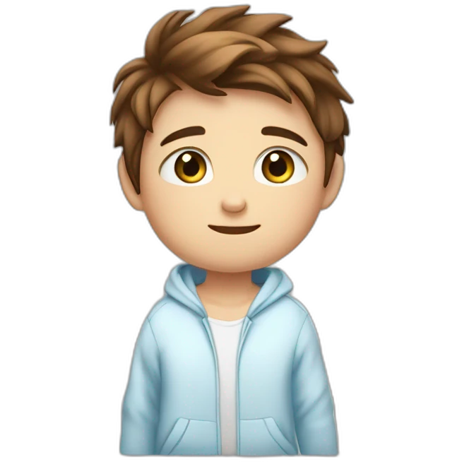 Little kid with a blue eyes and brown hair good one .. Little bit fat... White.. Blue pijama with a jacket emoji