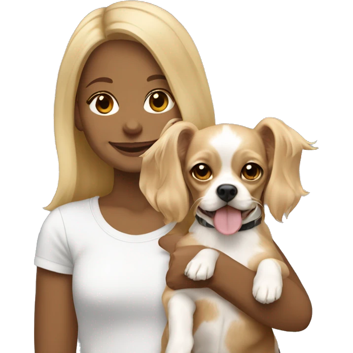 Blonde girl holding Tan and white chihuahua cocker spaniel mix happy, shorter ears emoji