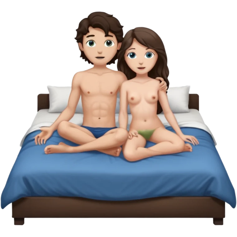 white girl, dark brown long slightly curly hair , skinni but with big breast , septum piercing on nose, beautiful dark gray-blue eyes, showing her foot toes, naked , skinny boy , white skin , light brown hair, brown eyes , white skin , in bed , having sex emoji