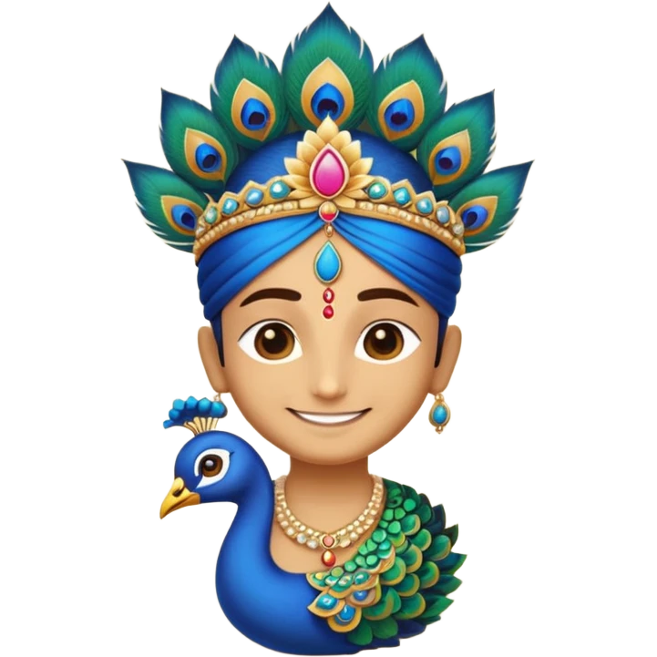 Create a cute and divine emoji of Khatu Shyam Ji with a charming smile, glowing aura around the head, traditional Rajasthani attire, peacock feather on the crown, tilak on the forehead, holding a lotus flower, with a soft golden background and spiritual energy radiating from the emoji face." emoji