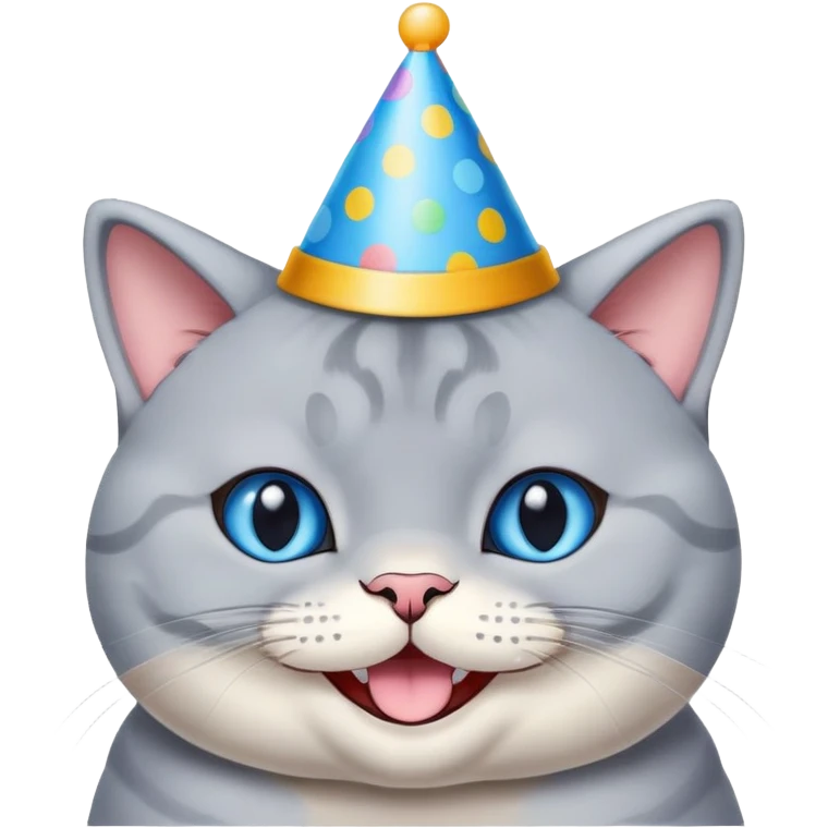 Happy British shorthair blue cat with a big smile wearing a colorful birthday hat emoji
