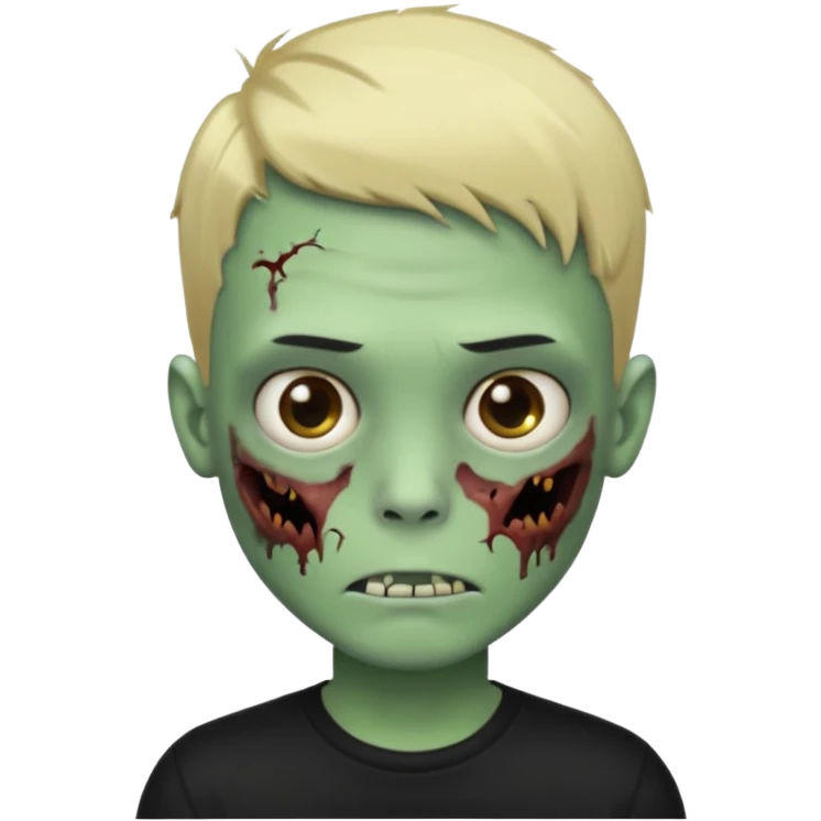 Faça um emoji de um garoto zumbi de cabelos pretos curtos com mechas loiras e com uma camisa preta de mangas compridas. emoji