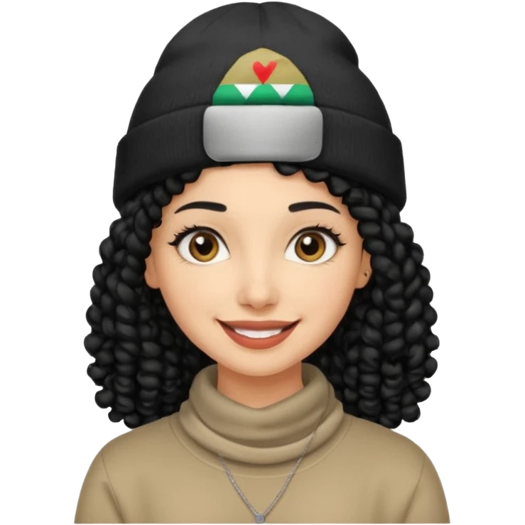 smiling arab hipster woman with curly hair and beanie emoji
