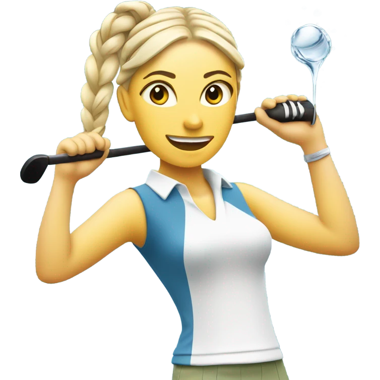 Female golfer with blonde hair and braids, swinging a driver off the tea box with water in the background emoji
