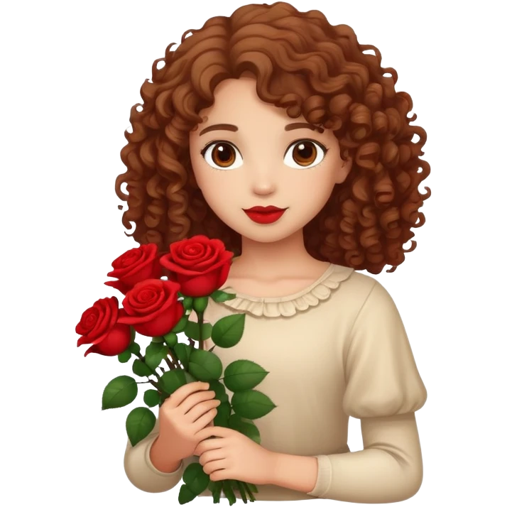 lightskin girl with curly hair holding red flowers emoji