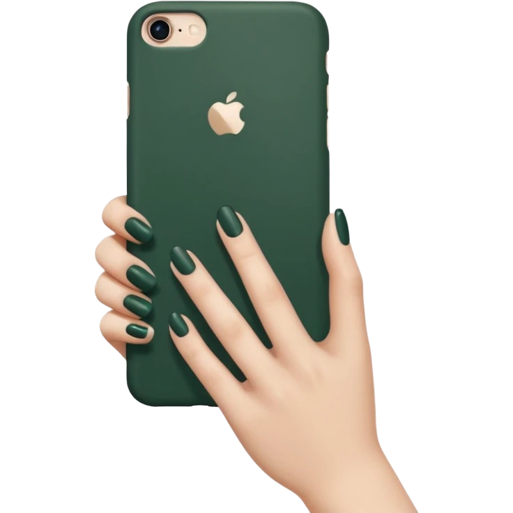 female hand with nude manicure holding an iPhone in a dark green case, side view, minimalism, no extra details emoji