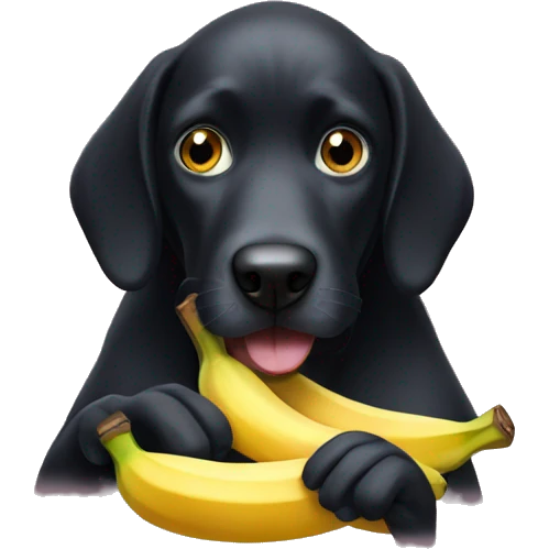 Big black dog eating banana with eyes emoji