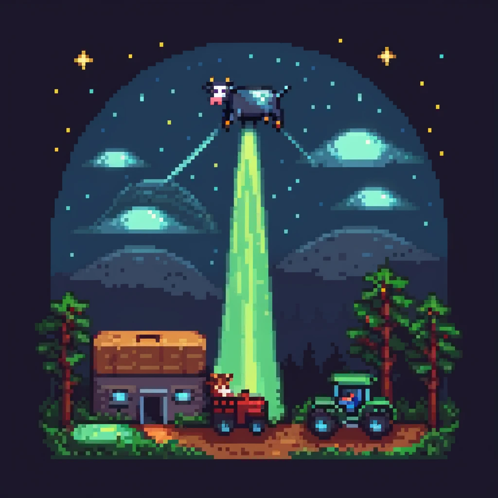 UFO abduction scene with a cow being lifted by a tractor beam at night emoji