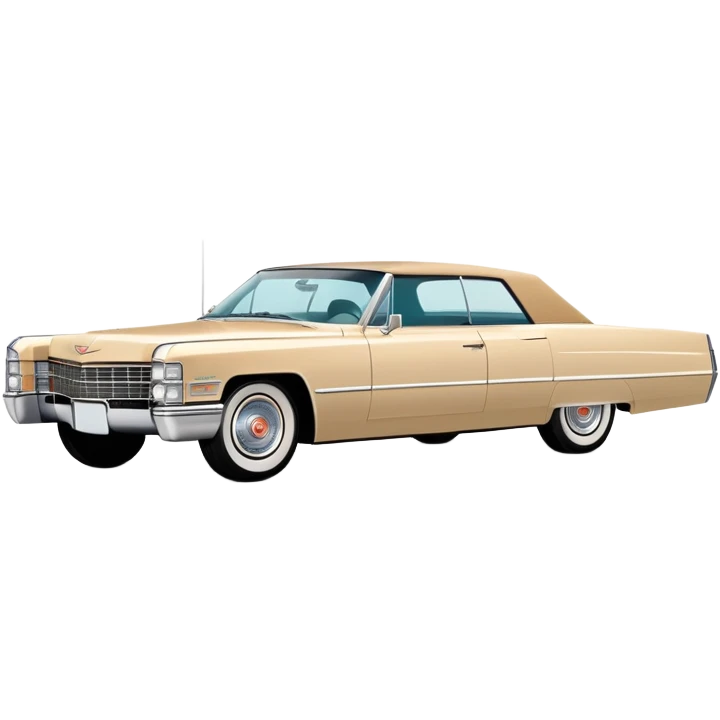 Ultra-minimalist beige 1966 Cadillac DeVille, very simplified shapes, clean 30-degree perspective, only essential details, basic geometric representation, Once Upon a Hollywood car, iOS emoji style emoji
