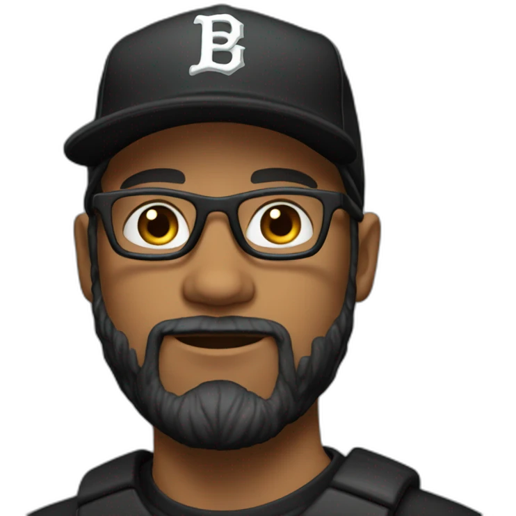 white man with glasses and black beard with a baseball hat backwards and a black t shirt emoji