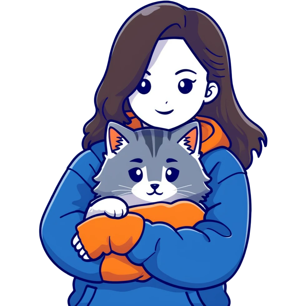 Brunette girl with dark blue sweatshirt cuddling a fluffy grey Siberian cat, detailed illustration emoji