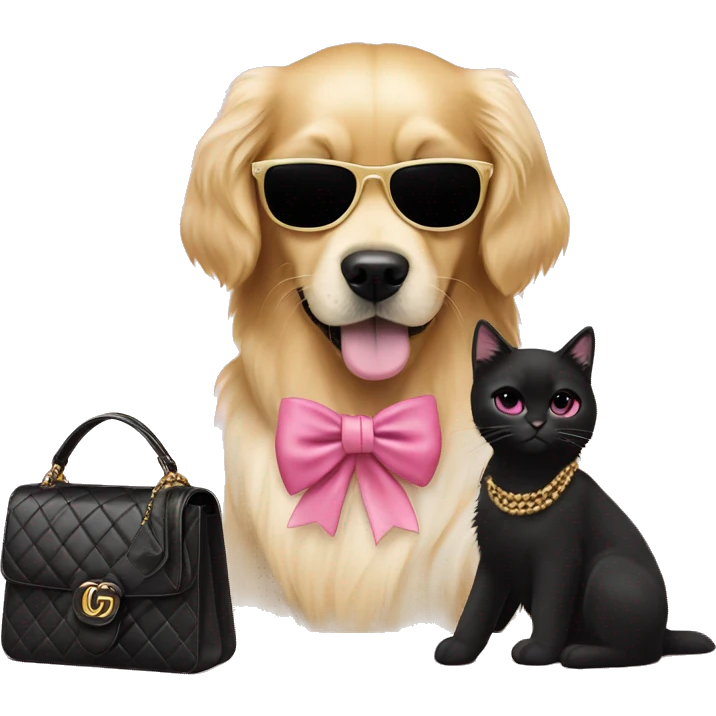 Cute golden retriever with pink bow and Chanel purse and a black cat wearing Gucci with sunglasses on emoji