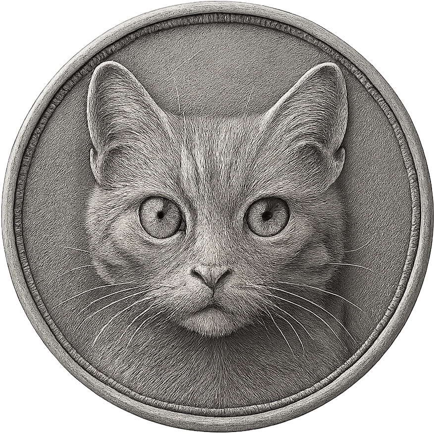A silver coin with a cat face emoji