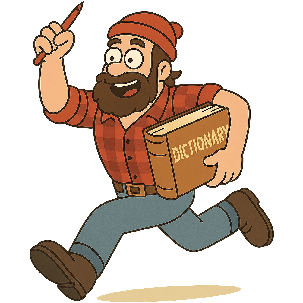 colorful and playful style lumberjack in action, running with a large dictionary under his arm and waving a red pen emoji