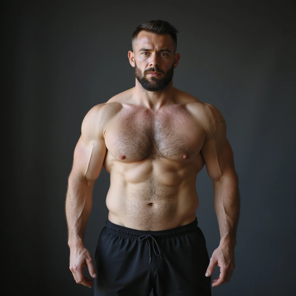 realistic 4K photo of a crossfit male athlete with muscular mass covered by fat, slightly undefined abdomen, neutral expression, natural lighting, gym background emoji