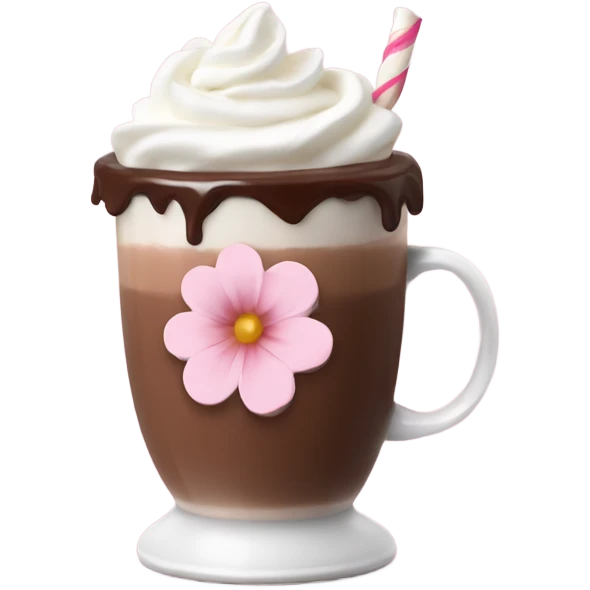 Hot chocolate with pale pink flower and whipped cream emoji