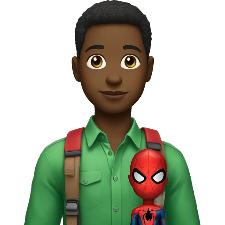 Boy wearing a green blouse with a J on his blouse with a spider man doll on his shoulder  emoji