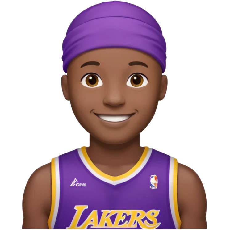 ["Black male, shaved head, wearing a purple Lakers jersey with headband."] emoji