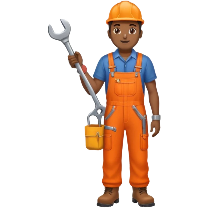 Indian male railway engineer orange overalls, boots holding a spanner emoji