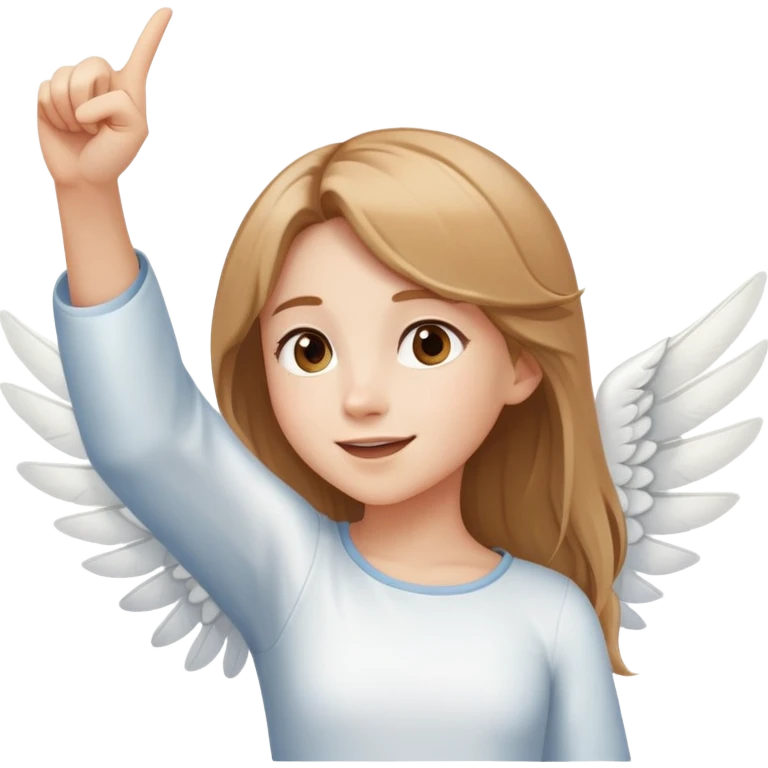 girl with light brown shoulder-length hair and white wings joyfully pointing to the sky emoji