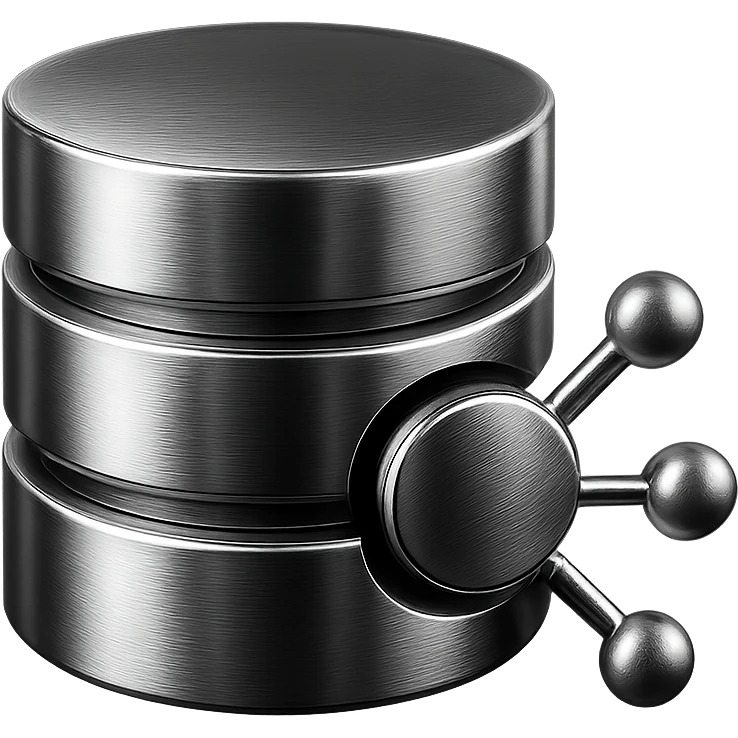 chrome database cylinder with network nodes, representing efficient and scalable database solutions, sleek, modern emoji
