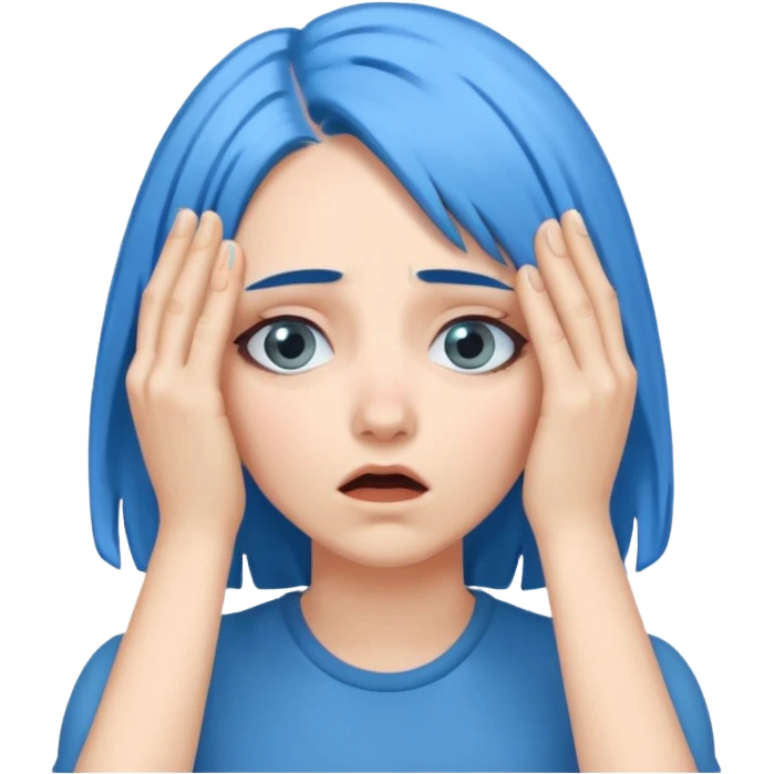 Woman with blue hair with hands over her eyes in shock emoji