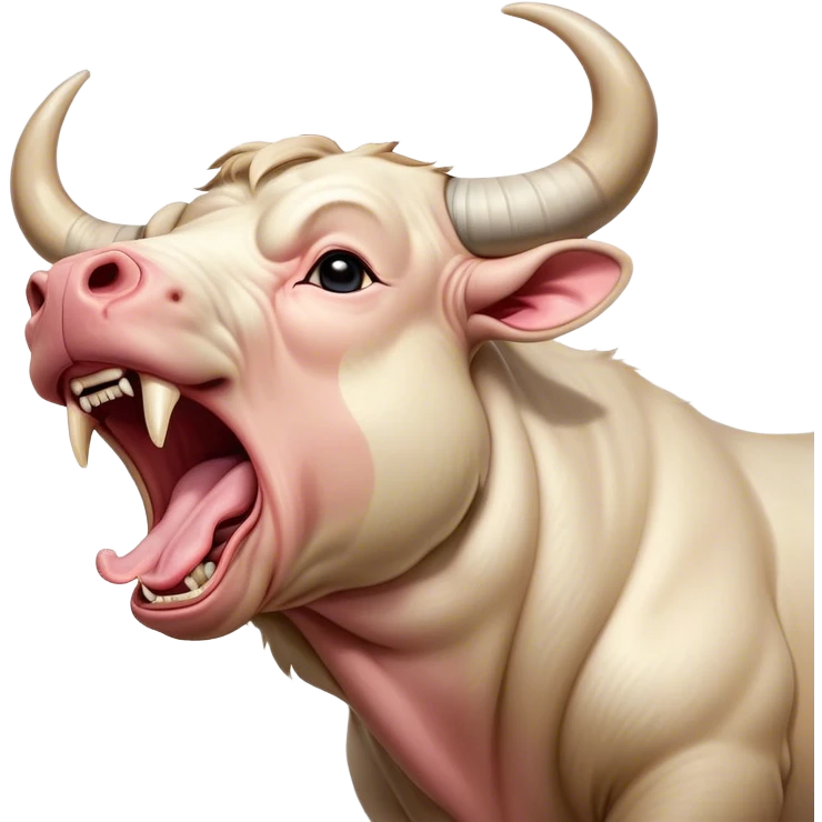 Cinematic Cute Yawning Domestic Bull Portrait Emoji, Head tilted slightly with a dramatic, wide-open yawn, showcasing a robust, muscular frame with a soft, downy coat and subtly drooping horns, round eyes barely open in drowsy contentment, Simplified yet irresistibly adorable features, highly detailed, glowing with a soft, cozy natural glow, high shine, relaxed yet expressive, stylized with a dash of rustic whimsy, soft glowing outline, capturing the essence of a sleepy yet affectionate domestic bull that seems ready to stretch out and settle for a nap! emoji