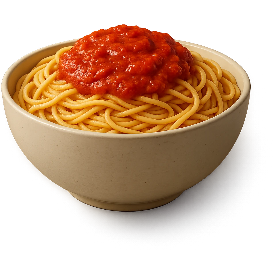 bowl di pasta al sugo vista frontalmente, iperrealistico 4k emoji