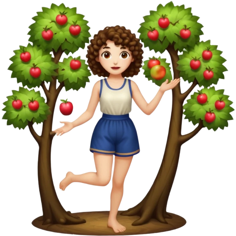 full body woman short curly brown mullet hair brown eyes white skin juggling glowing forest fruits emoji