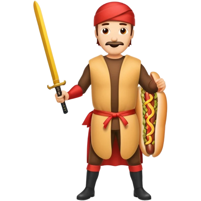Middle aged attractive man wearing a hot dog costume wielding a katana emoji