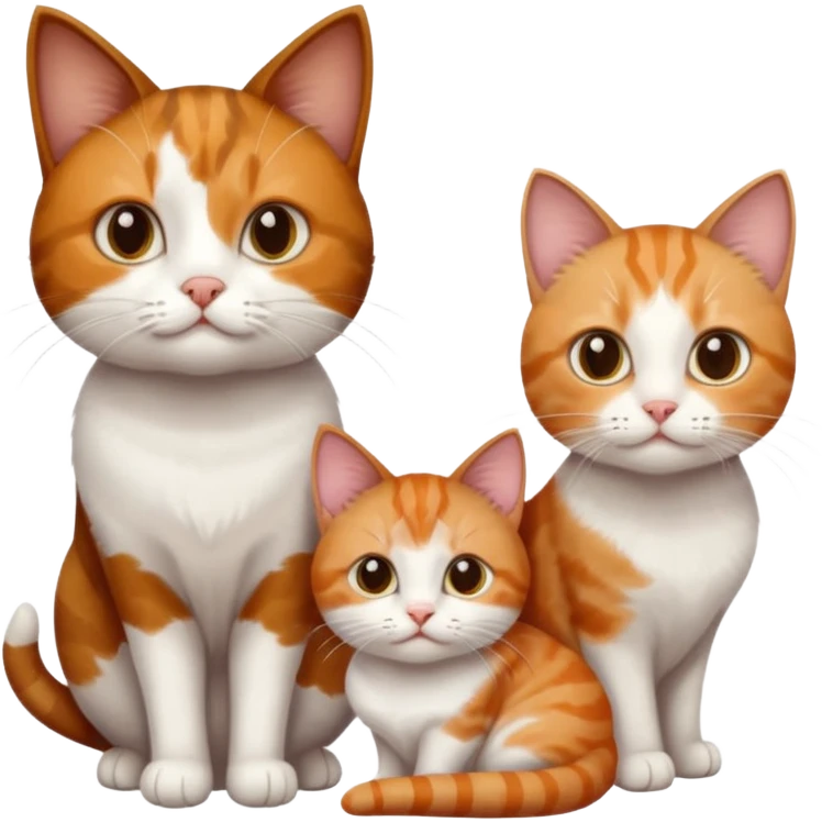 3 different coloured small cats including a dark brown tabby and white, and a patchy calico, and a ginger and white emoji