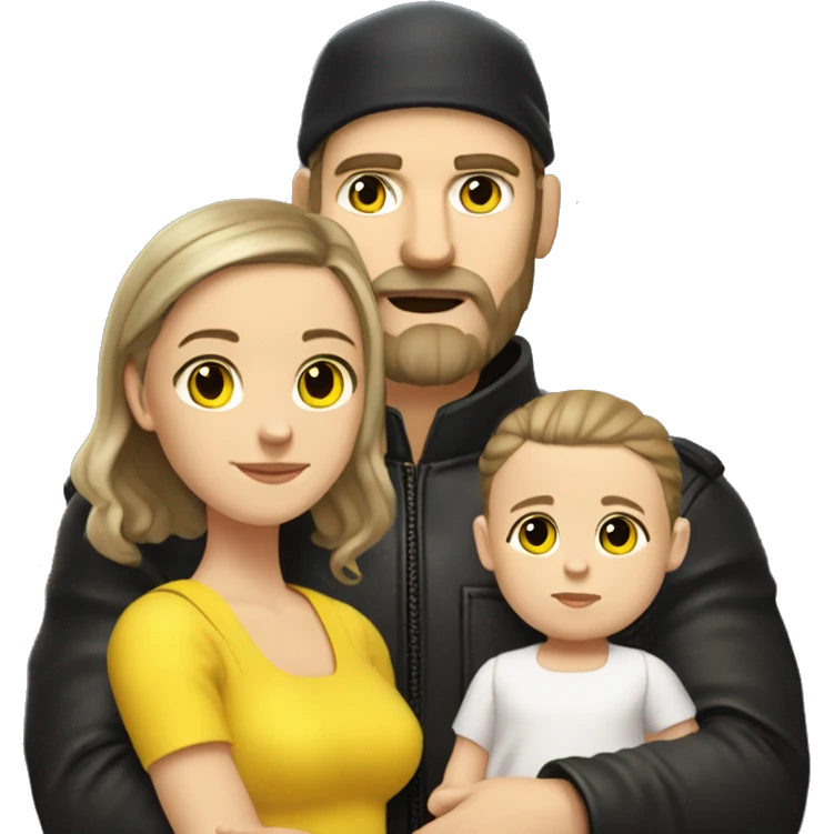 White-skinned slavic man with stubble, gray beard, brown hair, black eyes, black Reebok cap, leather jacket, holding infant girl in yellow dress with yellow bow. emoji