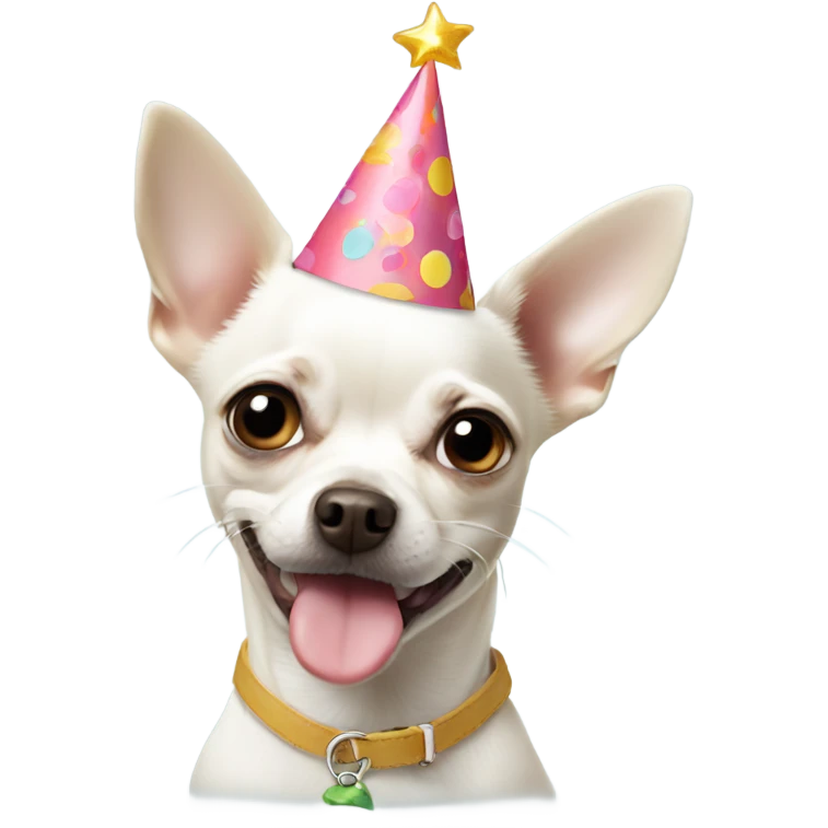 White chihuahua wearing a birthday hat emoji
