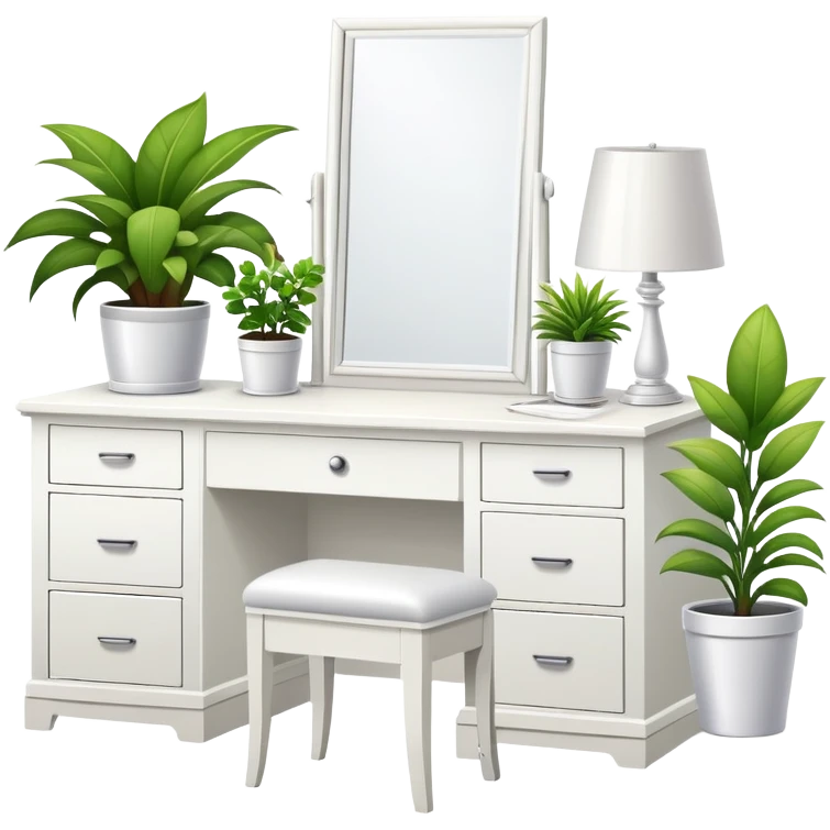 clean modern teenage bedroom with white furniture, white bed, white desk, white vanity, and potted plants emoji