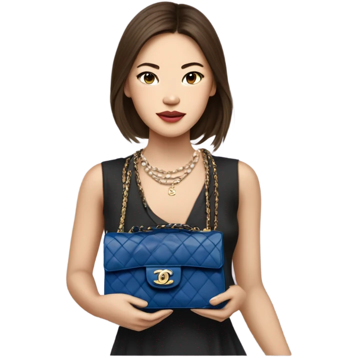 Realistic brown hair blue eyes Chanel Asian Girl with Birkin bag and Chanel necklace emoji