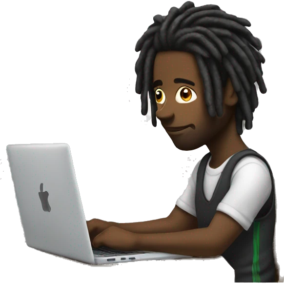 Black guy with dreads-sitting-down-on-chair facing right-handsided -focused-on-laptop-computer  emoji