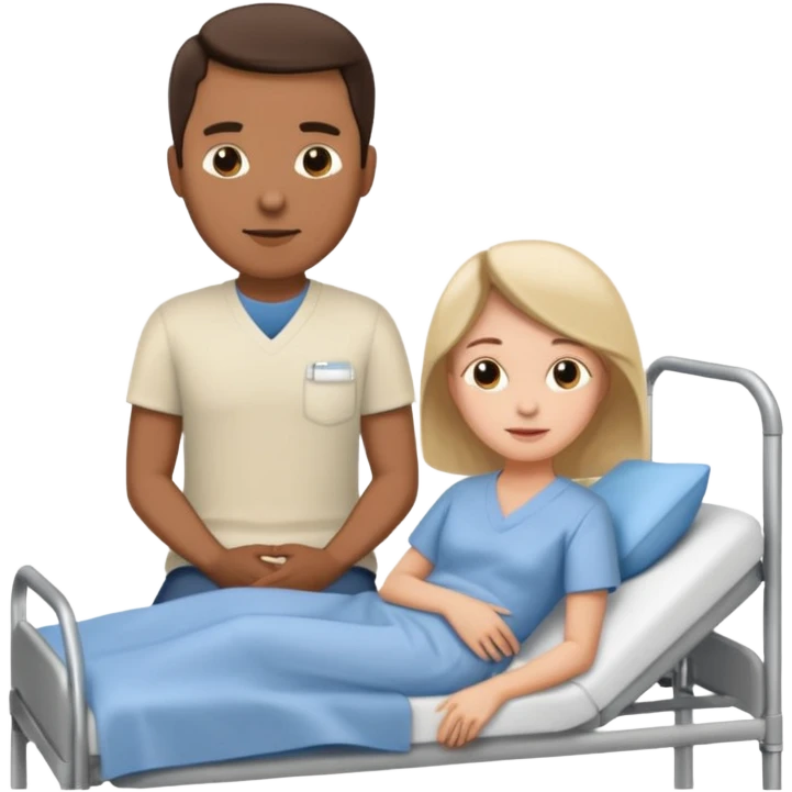 husband in plainclothes sitting beside hospital bed of wife emoji