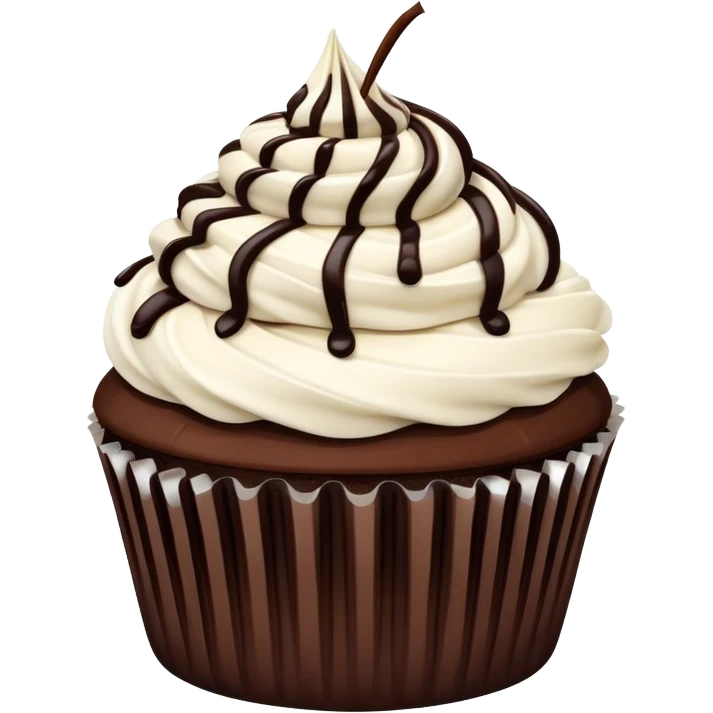 Chocolate cupcake with flat white frosting and chocolate drizzle emoji