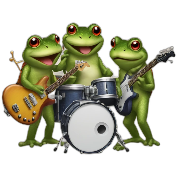 Three toad playing electric guitar bass and drumset emoji