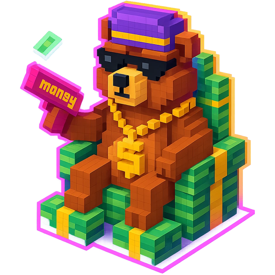 Russian grizzly bear with a rapper chain and a money gun, sitting on a throne of cash, with a neon glow effect emoji