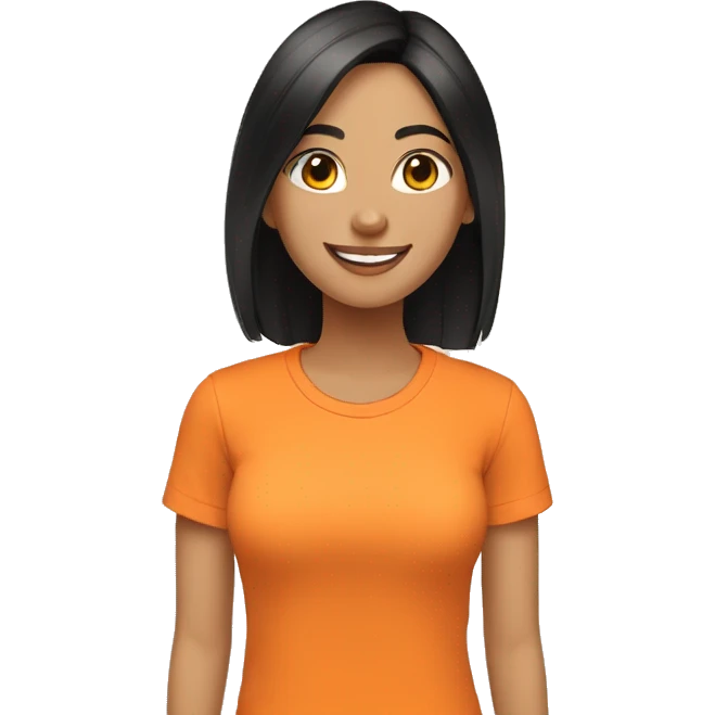 happy woman, black straight hair, light skin color, orange t-shirt, do it peace and love simbol with her hands emoji