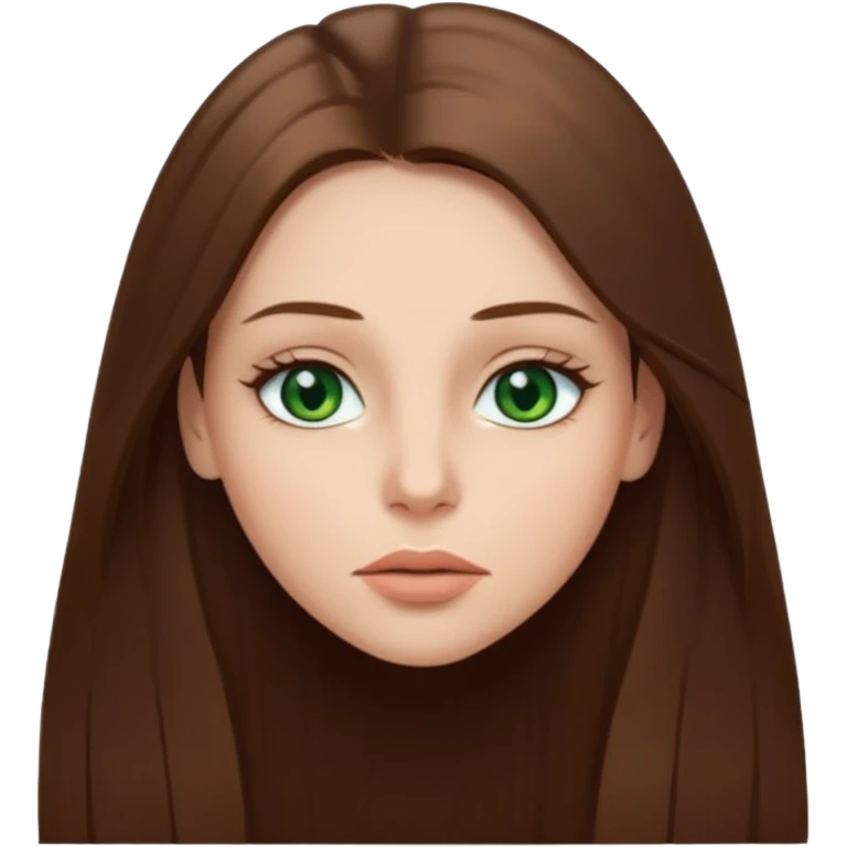 Female face emoji. Straight long brown hair, fair skin, green eyes, neutral expression, closed lips, minimal makeup emoji